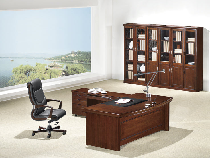 Real Walnut Veneer Executive Curved Office Desk With Pedestal & Return - U37162-1600mm